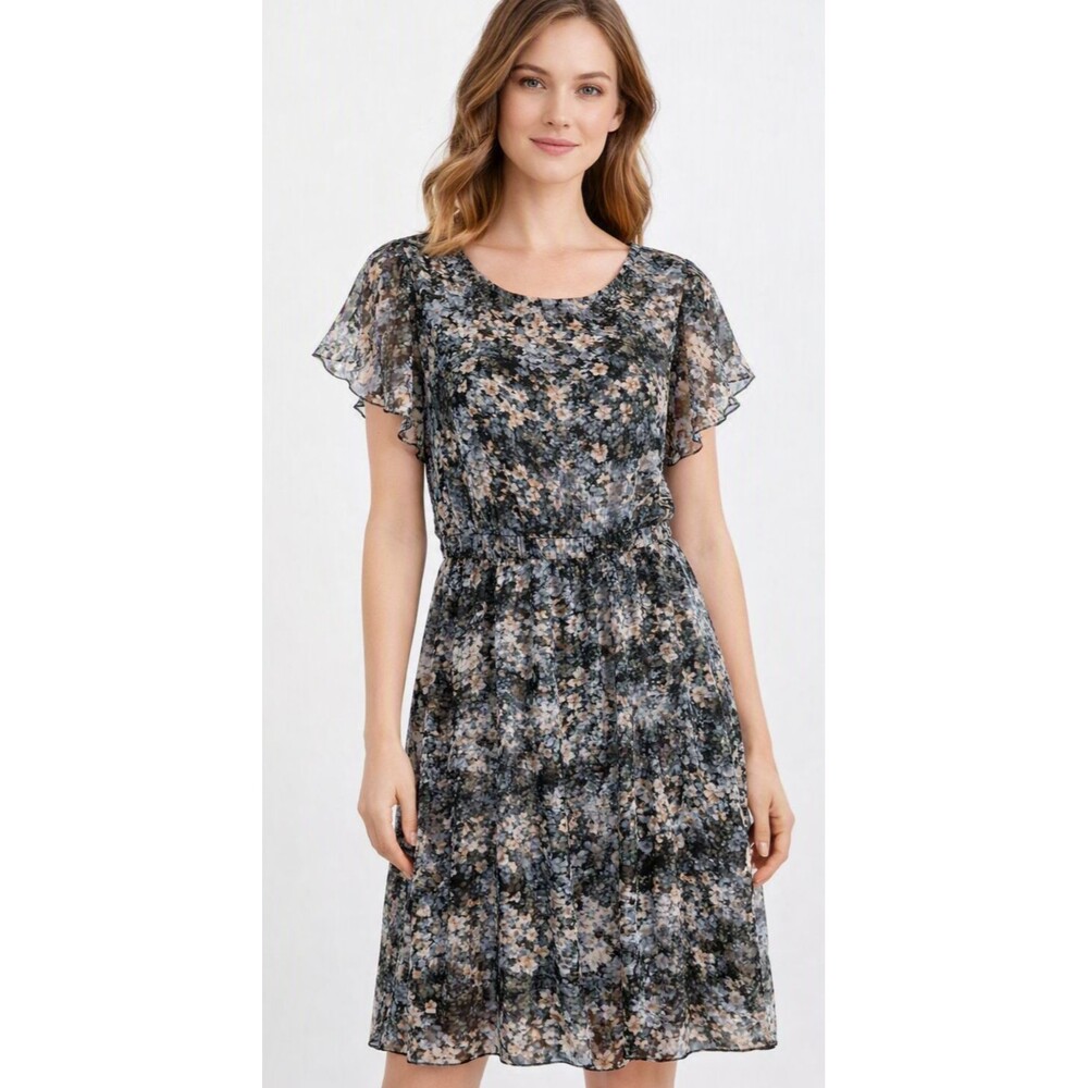 Signature Collection Multi Sheer Floral Dress 1X Ruffle Sleeves Full Lining Y2K
